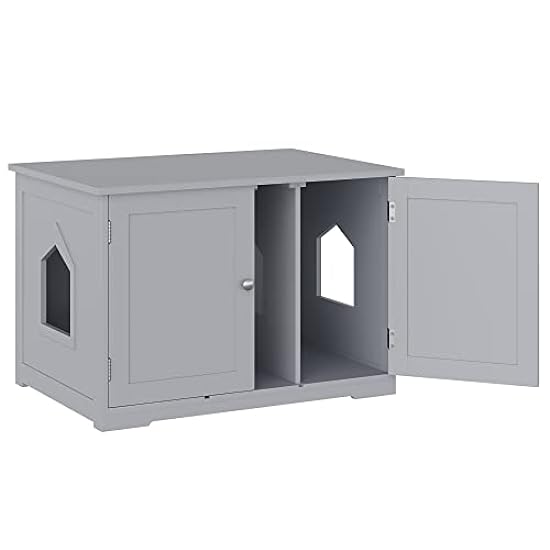 PawHut Modern Cat Litter Box Enclosure with Adjustable Partition for Customizable Space, Cat Washroom End Table for Indoor Cats with Hidden Storage Cabinet Space, Dark Grey