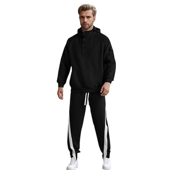 IJKEID Men´s Fashion Tracksuits 2 PC Jogger Sweatsuits Long Sleeve Button Up Hoodies Pants Color Block Sports Outfits