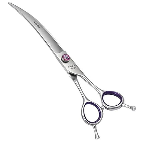Fenice Peak 7‘’ Curved Dog Grooming Scissors with Purple Finger Rings and Flashing Screw Professional 440C Stainless Steel Natural Color Pet Trimming Shears with Offset Handle Durable and Sharp