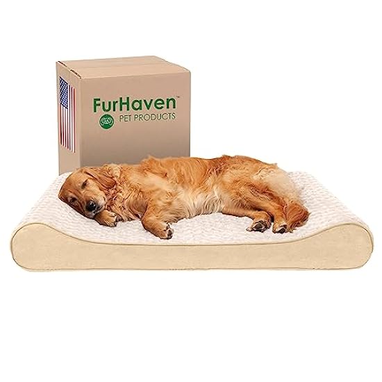 Furhaven Cooling Gel Dog Bed for Large Dogs w/ Removable Washable Cover, For Dogs Up to 75 lbs - Ultra Plush Faux Fur & Suede Luxe Lounger Contour Mattress - Cream, Jumbo/XL
