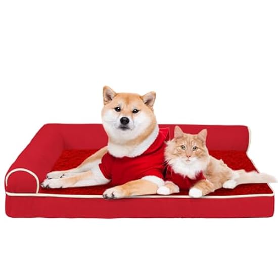 RUYICZB Orthopedic Dog Bed Medium Size Dog, Memory Foam Dog Beds for Crate with L-Shaped Bolster Pet Couch Washable Egg Crate Foam Dog Sofa Bed for Large Dogs Non-Skid Bottom,Red,L