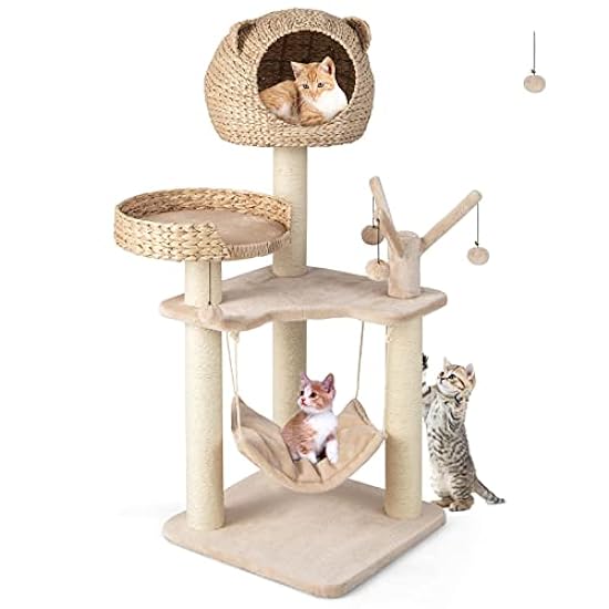 Giantex Wooden Cat Tree, 48 inches Cat Tower with Cattail Condo, Cat Bed, Hammock, Rotatable Jingling Balls, Natural Sisal Scratching Posts, Removable Cushion, Multi-Level Kitten Activity Center