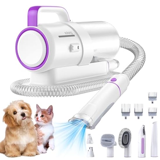 Pet Clipper Grooming & Pet Grooming Vacuum Kit,Low Noise Technology Picks Up 99% Pet Hair,7 in 1 Proven Grooming Tools with Nail Grinder,2.3L Capacity Pet Hair Dust Cup (Purple)