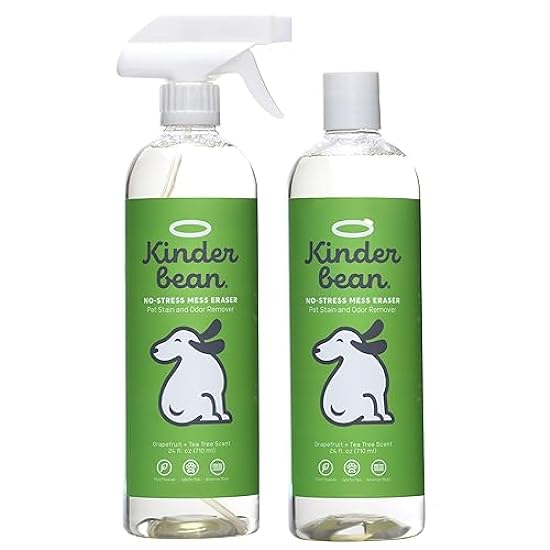 Kinderbean Dog and Cat Urine Stain and Odor Eliminator, 2-Pack 24 oz., Grapefruit Tea Tree Scent, Enzyme Bio-Active Formula with Squeeze and Spray Top for Maximum Coverage & Performance