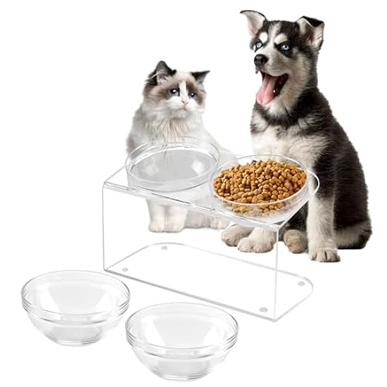 LFTYTUO Acrylic Clear Pet Bowls Elevated 15° Tilted Set for Food Water, Feeder Pet Bowls Stand with 2 Set Glass Bowls and Plastic Bowls, Raised Dishes Rack Suitable for Puppies, Kittens and Small Dogs