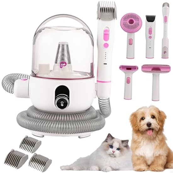 GARVEE Dog Grooming Vacuum Kit, 13.4Kpa Suction Power Pet Hair Vacuum for Shedding Grooming with 2L Large Capacity Hair Storage, 5 Professional Pet Grooming Tools for Dogs Cats, Pink