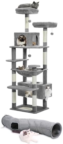 PAWZ Road Large 72 Inch Cat Tree and Tower Bundle with PAWZ Road Cat Tunnel Collapsible S Shape 10.5 Inches in Diameter