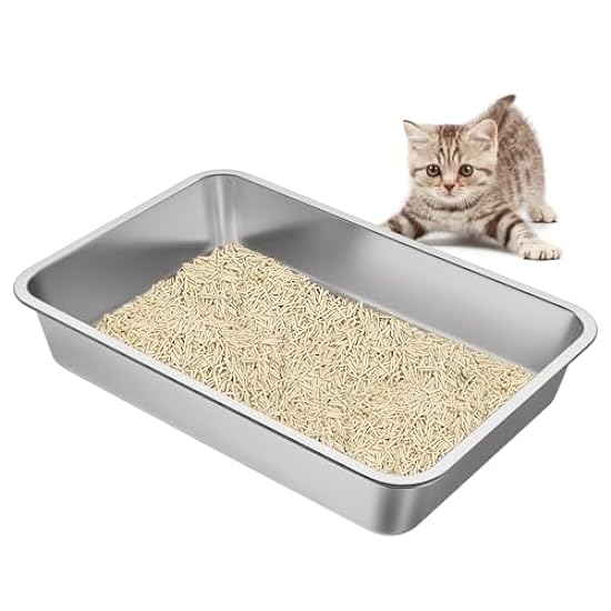 LIHONG Large Size Stainless Steel Litter Box for Cat and Rabbit,Metal Litter Box for Pet,Non Slip Rubber Absorbs Odor Kitty Cat Litter Pan, Easy to Clean 24L´´×16W´´×4H´´