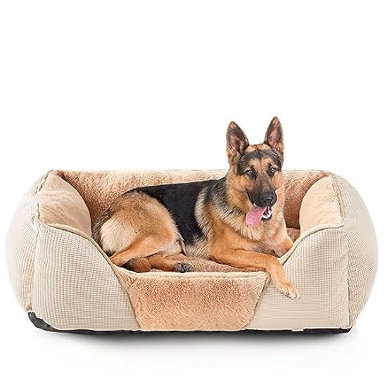 MIXJOY Large Dog Bed Washable, XL Dog Beds for Extra Large Dogs, Orthopedic Calming Soft Pet Beds Cuddler, Rectangle Sleeping Rabbit-Velvet Cozy Puppy Bed with Anti-Slip Bottom (42x30in, Beige)