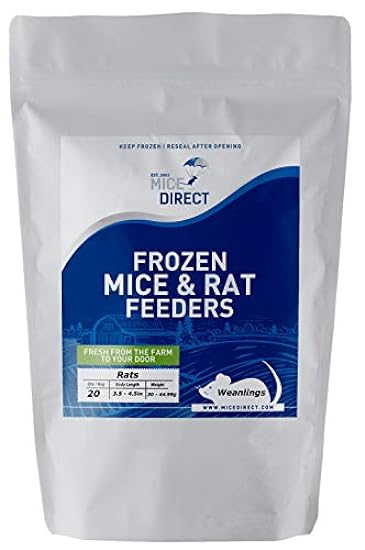 MiceDirect 20 Weanling Rats: Pack of Frozen Weanling Feeder Rats - Food for Corn Snakes, Ball Pythons, Lizards and Other Pet Reptiles - Freshest Snake Feed Supplies