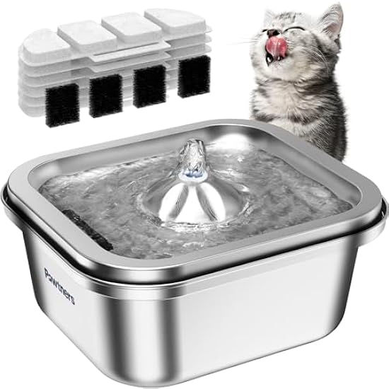 Pawtners Cat Water Fountain Stainless Steel 4L/140oz Pet Fountain Water Bowl Indoor, Automatic Dog Drinking Dispenser, Cat Feeding Watering Supplies, Metal Kitty Waterer Fountain,6 Replacement Filters