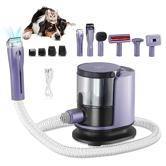 Pet Grooming Kit& Vacuum Suction 99% Pet Hair, 2L Large Capacity Dust Cup, Professional Grooming Clippers with 6 Pet Grooming Tools for Shedding Dogs Cats Supplies & Other Animals (Pearly Purple)