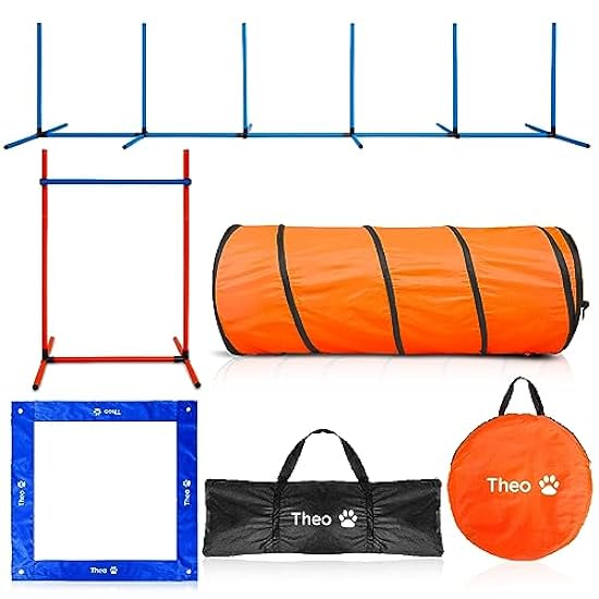 wolltex Dog Agility Equipment Set, Training Starter Kit Dog Obstacle Course, with Tunnel, 8 Weave Poles, Customizable Jump Bar, Leaping Loop, Break Box, and Transport Tote