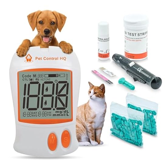 Blood Sugar Glucose Monitor System - Cat and Dog Glucose Monitoring Kit - Accurate Diabetes Testing 2 Calibrated Code-Chips, Lancets, Logbook - Monitor + 50 Test Strips