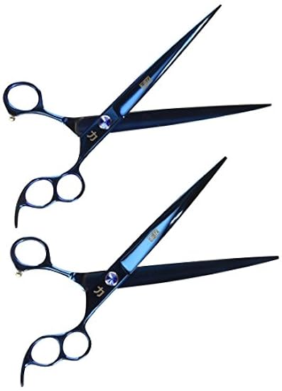 ShearsDirect Japanese 440 Stainless Steel Grooming Shear, 8.5-Inch, Straight and Curved Blue Titanium