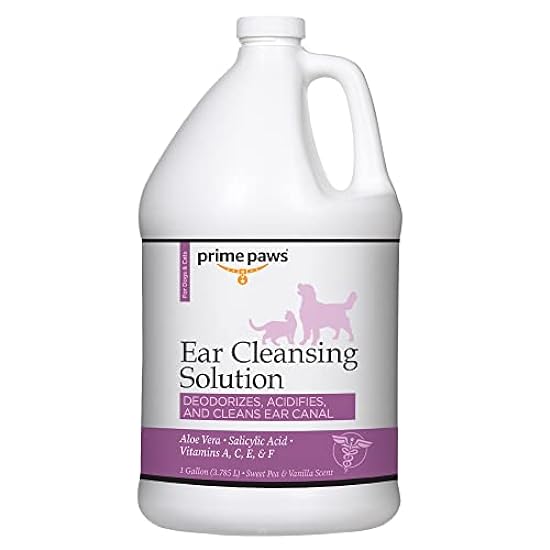 Prime Paws Ear Cleansing Solution for Dogs & Cats - Deodorizing Dog Cleaner with Aloe Vera Vitamins Professional Pet Flush Cleans Acidifies Canal Complete Care 1 gal, White (PRIM1059)