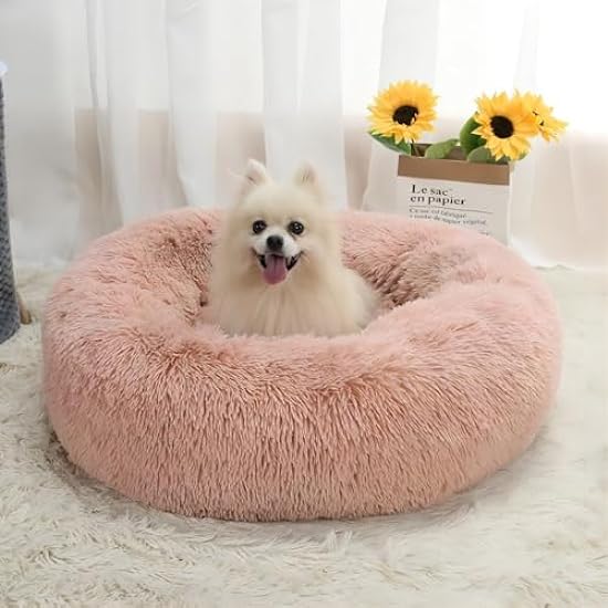Round Dog Bed Cat Pet Bed Super Soft Long Plush Winter Warm Puppy House Fluffy Pet Sleeping Basket Cushion Dog Supplies (Pink)