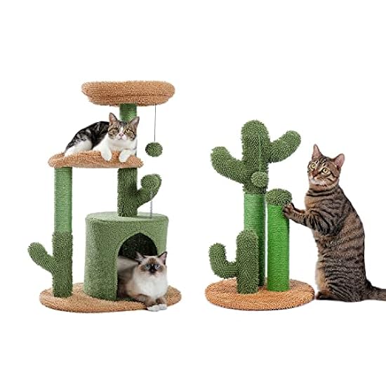 PAWZ Road Cat Tree 32 Inches Cactus Cat Tower Bundle with 27 Inches Cactus Cat Scratcher Featuring with 3 Scratching Poles
