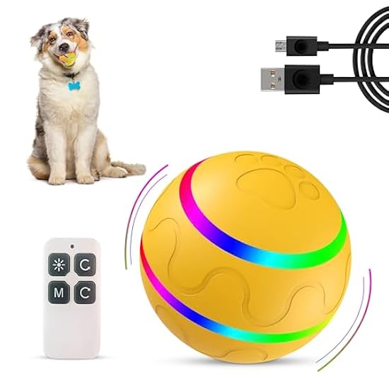 PawZazz New Interactive Dog Toy Ball with Remote Control and LED Flash Light, Self Rolling USB Rechargeable Ball That has 2 Modes, Motion Activated Ball Toys for Dogs/Cats with 2 Work Modes - Yellow