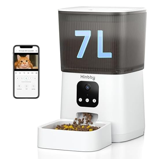 Hinbby Automatic Cat Feeder with 1080P Camera, 7L WiFi Cat Food Dispenser with Remote App Control, Voice & Video Record, Dual Power Supply, Automatic Dog Feeder Auto Pet Dry Food Feeders for Cats