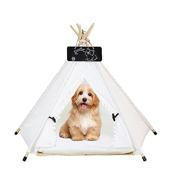 Dog Teepee Pet Tents Portable Houses Puppy Cat Dogs Bed with Thick Cushion Indoor Outdoor (White Plus Ball)