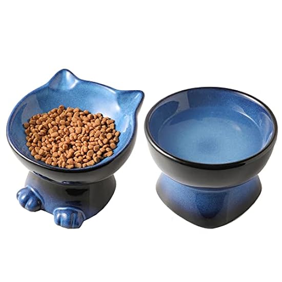 Nihow Elevated Cat/Dog Bowls Set : 6.2 Inch Ceramic Raised Cat Food & Water Bowl Set for Protecting Pet´s Spine - Feeding & Watering Supplies for Cat/Small Size Dog - Elegant Blue & Black (2 PC)