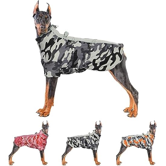 IDOMIK Warm Dog Coats with Harness, Waterproof Dog Jacket for Small Medium Large Dogs, Fleece Lined Dog Winter Snowsuit Coat, High Collar Dog Winter Jacket Vest Clothes for Cold Weather,Camo Grey XL