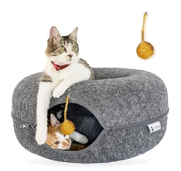 FAMPAWS Large (24 Inch) Cat Tunnel Bed, for Indoor + Hanging Toy, Peekaboo Cat Cave Donut, Cat Play Tunnel, Cat Toy Tunnel, Scratch Resistance & Washable, Cat Hideout, Donut Cat Bed (Dark Grey)