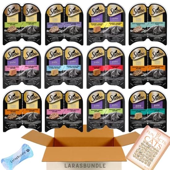 Sheba Perfect Portions Pate Wet Cat Food Cuts in Gravy Variety Pack All Flavors, Beef, Chicken, Salmon, Turkey, Tuna, White Fish, Multipack (24 Servings) with Lara´s Booklet Bundle