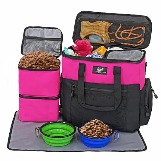 WOLT | Pet Travel Bag Kit for Dog Carrier & Travel, Includes 2 Food Containers + 2 Collapsible Bowls + 1 Placemat, Airline Approved Organizer for Pet Supplies Essentials Camping, Hiking, Weekend Away