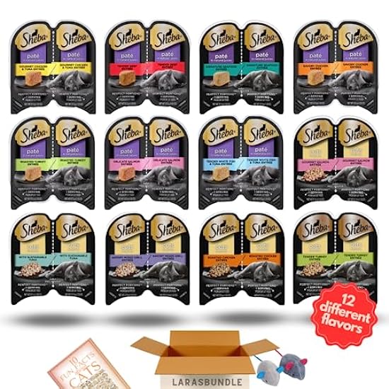 Sheba Perfect Portions Wet Cat Food Cuts in Gravy and Pate Variety Pack | All Flavors | 24 Servings | 12 Pack with LarasBundle Catnip Toys