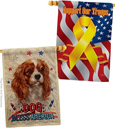 Patriotic Charles Spaniel Burlap House Flags Pack Animals Dog Puppy Spoiled Paw Canine Fur Pet Nature Farm Animal Creature Support Our Troops Small Gift Yard Banner Double-Sided Made In USA 28 X 40