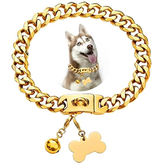 Chain Dog Collars for Medium Large Dogs Heavy Duty 19MM Gold Cuban Link Dog Collar Chew Proof with Customized ID Tag 18