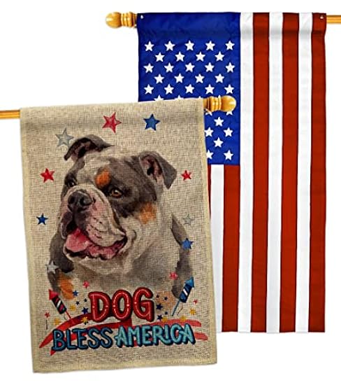 Patriotic Merle Bulldog Burlap House Flags Pack Animals Dog Puppy Spoiled Paw Canine Fur Pet Nature Farm Animal Creature USA Applique Small Decorative Gift Yard Banner Double-Sided Made In 28 X 40