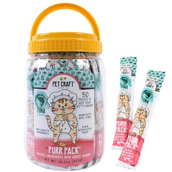 Pet Craft Supply Lickable Cat Treats Tuna 50ct Tub, Squeezable Tubes High Protein Cat Puree Wet Food or Food Topper