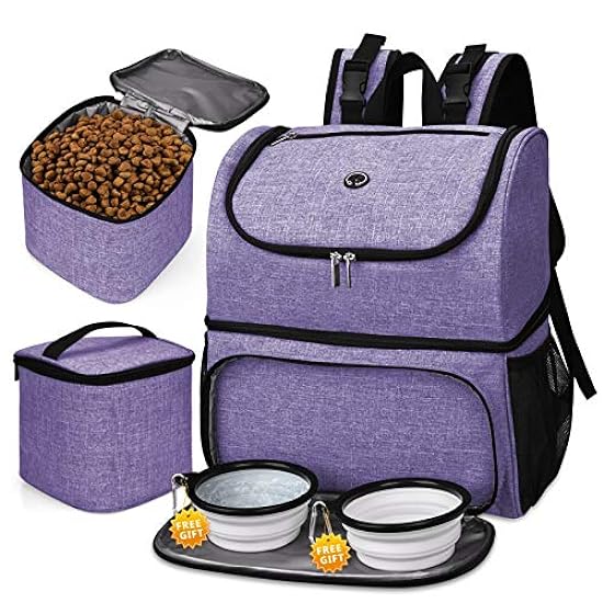 BAGLHER Pet Travel Bag, Double-Layer Pet Supplies Backpack (for All Pet Travel Supplies), Pet Travel Backpack with 2 Silicone Collapsible Bowls and 2 Food Baskets Purple