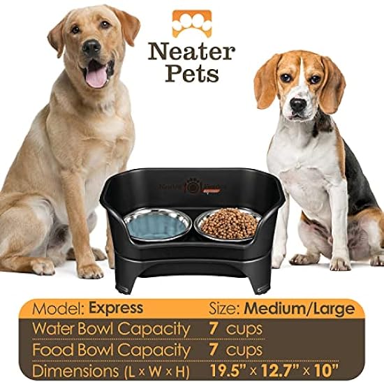 Neater Feeder - Express Model - Mess-Proof Dog Bowls (Medium/Large, Midnight Black) – Made in USA – Elevated, No Spill, Non-Tip, Non-Slip, Raised Stainless Steel Food & Water Pet Bowls