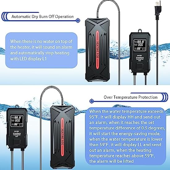 SUIZKYET Aquarium Heater 300W Titanium Fish Tank Heater with Digital Controller and Intelligent Leaving Water Over Heating Protection and Anti-Dry Burning for Freshwater and Saltwater (AH-803)…