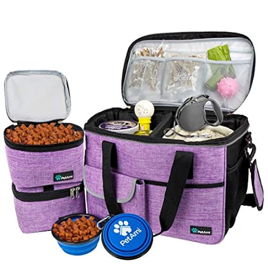 PetAmi Dog Travel Bag, Travel Pet Bag Organizer, Dog Food Travel Bag with Food Container and Bowls, Dog Travel Supplies Gift Accessories for Weekend Camping, Dog Cat Diaper Bag (Purple, Medium)