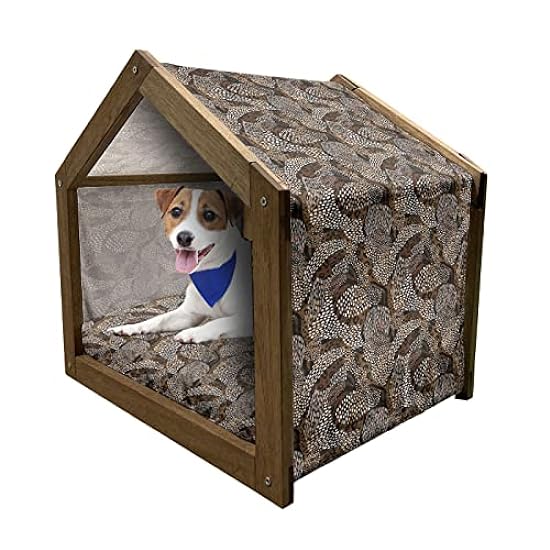 Lunarable Cheetah Wooden Pet House, Abstract Pattern with Animal Print Australian Forests Hand-Drawn Art, Outdoor & Indoor Portable Dog Kennel with Pillow and Cover, Large, Brown Caramel and White