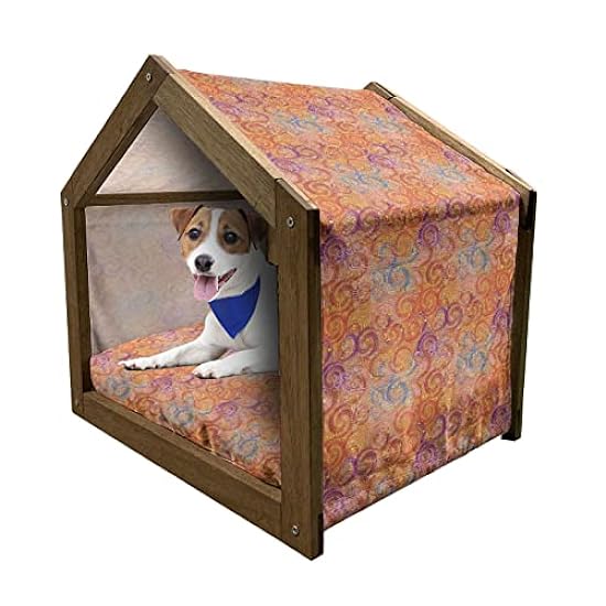 Lunarable Modern Art Wooden Pet House, Vivid Postmodern Pattern with Swirls Assemblage of Boho Design Print, Outdoor & Indoor Portable Dog Kennel with Pillow and Cover, Large, Multicolor