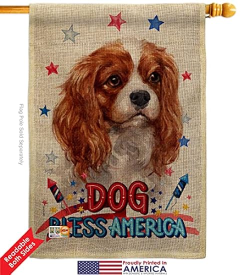 Patriotic Charles Spaniel Burlap Garden House Flags Set Animals Dog Puppy Spoiled Paw Canine Fur Pet Nature Farm Animal Creature Small Decorative Gift Yard Banner Double-Sided Made In USA 28 X 40
