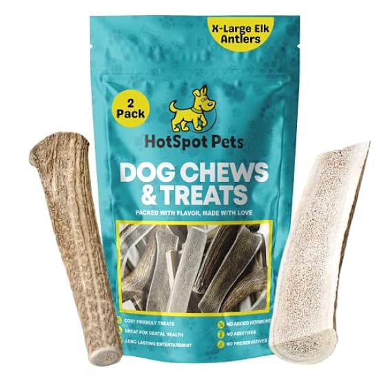 hotspot pets Antlers for Dogs XLarge - Premium Elk Antlers for Dogs - Naturally Shed Antler Bone for X-Large Breed Aggressive Chewers -Sourced in USA, Mix of 1 Split, 1 Whole