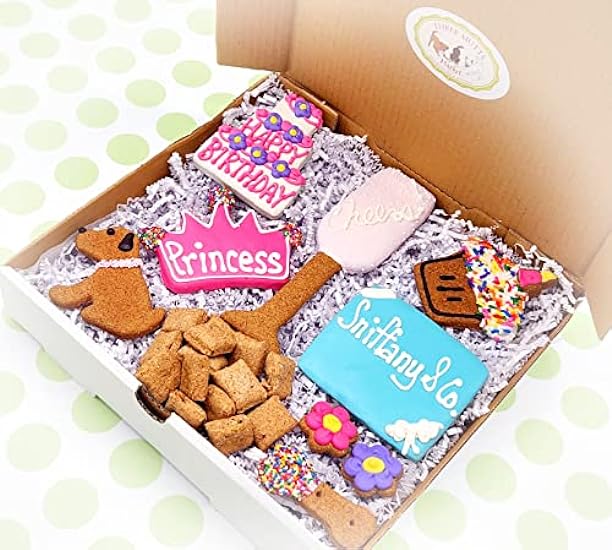 Three Mutts Market Happy Birthday Dog Treat Gift Box | Birthday Treats for Large Dogs | Human Grade, Handmade & Decorated Dog Cookies | No Artificial Preservatives | Made in USA (Birthday Girl)