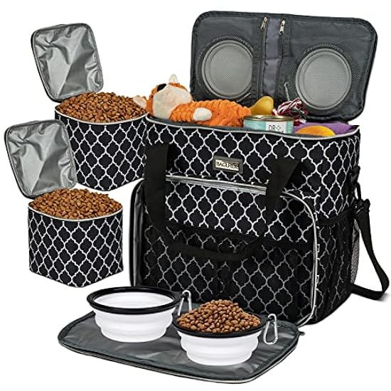 BAGLHER Dog Travel Bag, Pet Travel Bag（All Pet Travel Supplies）, with 2 Pet Food Containers and 3 Collapsible Silicone Bowls; Essential Kits for Pet Travel DLblack
