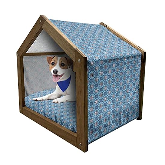 Lunarable Portuguese Wooden Pet House, Azulejo Style Composition Diagonal Checkered Squares with Traditional Pattern, Outdoor & Indoor Portable Dog Kennel with Pillow and Cover, Large, Multicolor