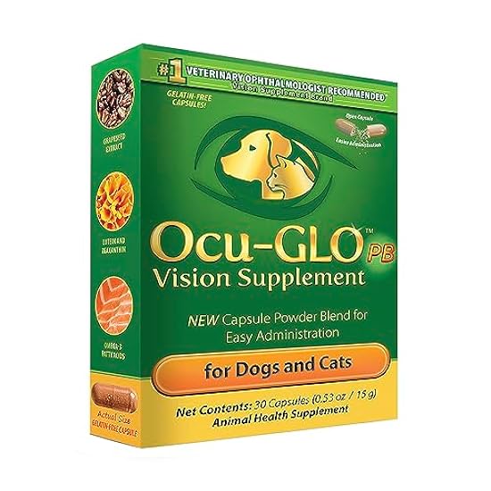 Ocu-GLO PB Vision Supplement for Small Dogs & Cats – Easy to Administer Powder Blend with Lutein, Omega-3 Fatty Acids, Grape Seed Extract and Antioxidants to Promote Eye Health, 30ct Sprinkle Capsules