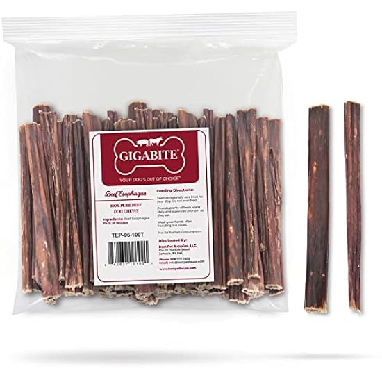 GigaBite 6 Inch Beef Gullet Jerky Sticks (100 Pack) - All Natural, Free Range Beef Esophagus Stick Dog Treat by Best Pet Supplies