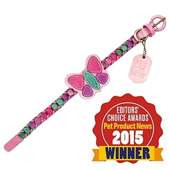 Dog in the Closet, Multicolor Pink Leather Dog Collar with Butterfly Attachment - 16