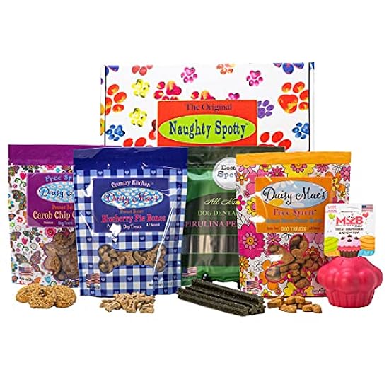 Naughty Spotty Dog Birthday Treat Gift Box with Cupcake Treat Dispenser, USA-Made Treats & Chews for Md/Lg Dogs (Peanut Butter, Blueberry, Peppermint, and Bacon Cheese Flavors).
